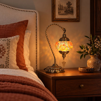Lampe de table Boho, mosaïque turque, lampe de chevet bronze antique avec abat-jour en verre orange et ampoule E26 incluse