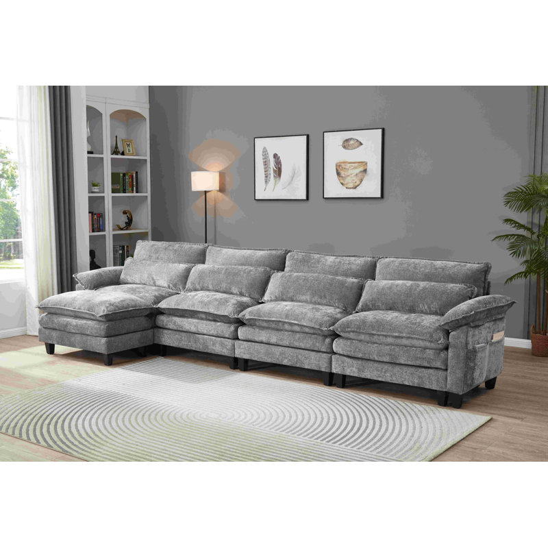 Canapé modulaire en L avec repose-pieds Luqi, Chenille grise foncée, H 35,8 po x l 150,4 po x P 52,4 po