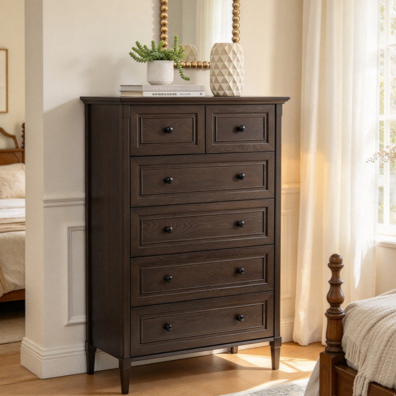 Commode haute verticale en bois à 6 tiroirs de style rétro, commode de rangement à pieds robustes, commode autoportante multi-scène pour chambre à coucher, salon, organisation de vestibule