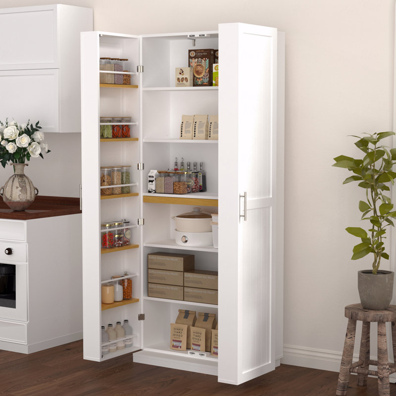 Armoire de rangement, tablettes réglables, garde-manger blanc avec portes et buffet autoportant