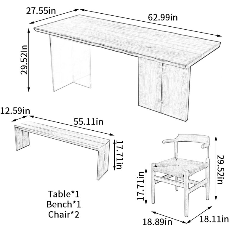 Ensemble de table de salle à manger en bois de frêne, H 29,52 po x L 62,99 po x l 27,55 po