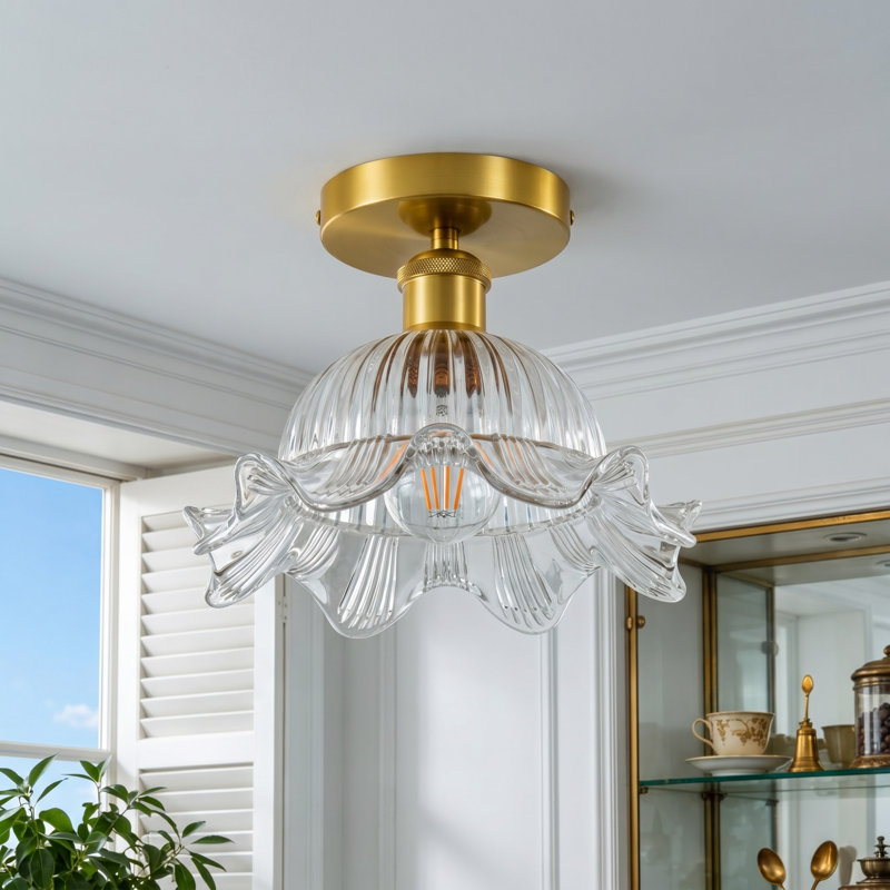 Plafonnier semi-encastré 9,84 po à intensité variable avec abat-jour en verre floral, Clear