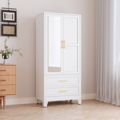 Metal Armoire Wardrobe Closet Cabinet with Mirror and 2 Drawers
