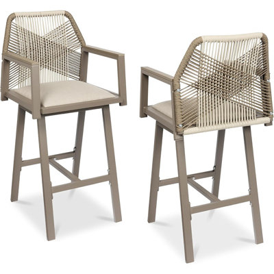 Ensemble de 2 tabourets de bar d'extérieur avec pivot à 360 °, structure en aluminium, corde tissée toutes saisons avec accoudoirs, taupe