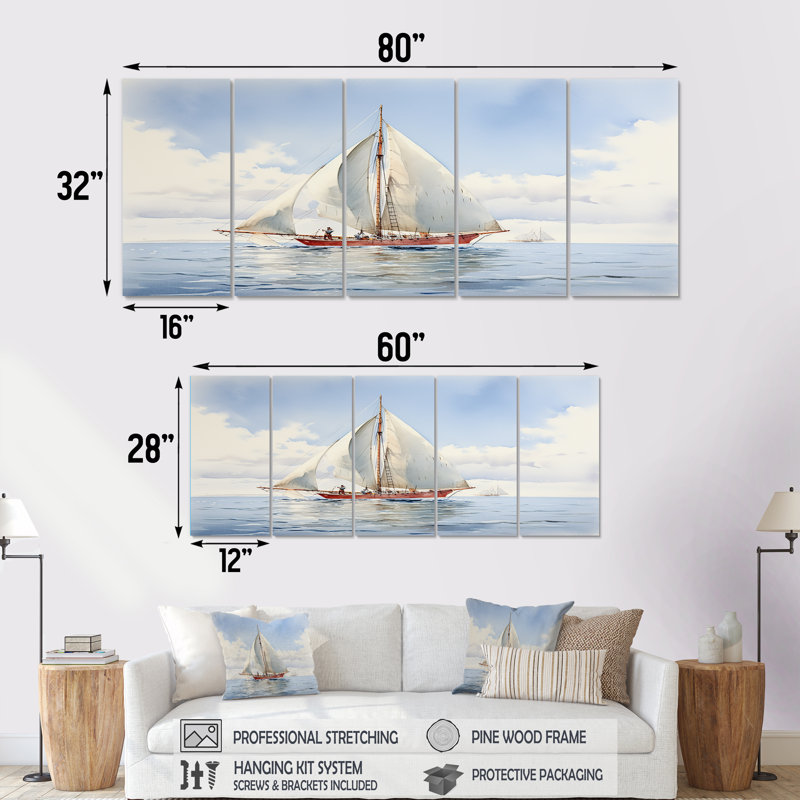 «Seafaring Symphony Voilier, sérénité, 5 pièces», 5 pièces, H 28 po x l 60 po