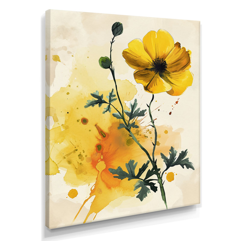 Illustration jaune rétro de fleur d'or jaune - boutons d'or, Toile tendue, H 32 po x l 24 po x P 1 po