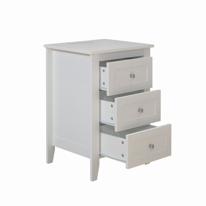 Table de chevet blanche moderne à 3 tiroirs avec station de charge USB et prises de courant