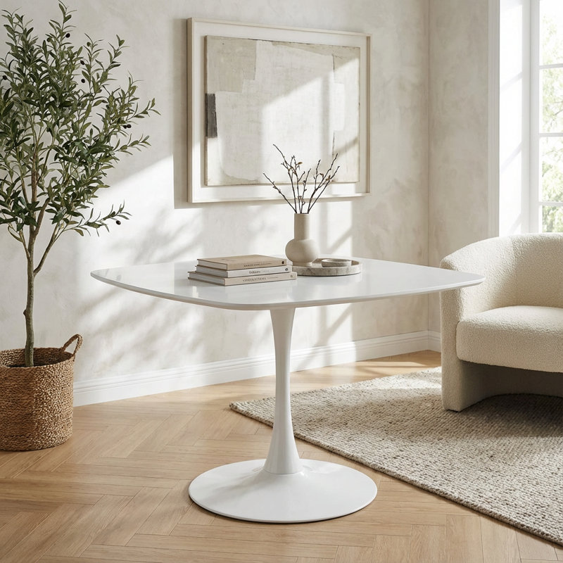 Table à piédestal moderne avec plateau en panneau de fibres à densité moyenne et base en métal pour 4 à 6 sièges, Blanc