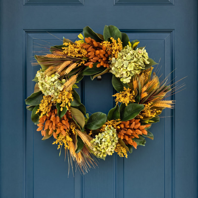 Couronne d'automne 27 po avec hortensias, blé et astilbe