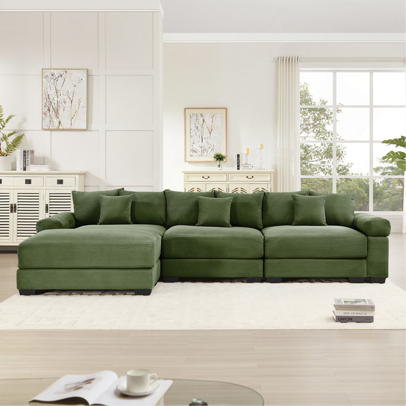 Canapé modulaire en L 130 po surdimensionné en forme de L, tissu en velours côtelé doux, avec repose-pieds, assise profonde, accoudoirs larges, conception ergonomique, 9 coussins, assemblage facile, pour le salon, la chambre à coucher