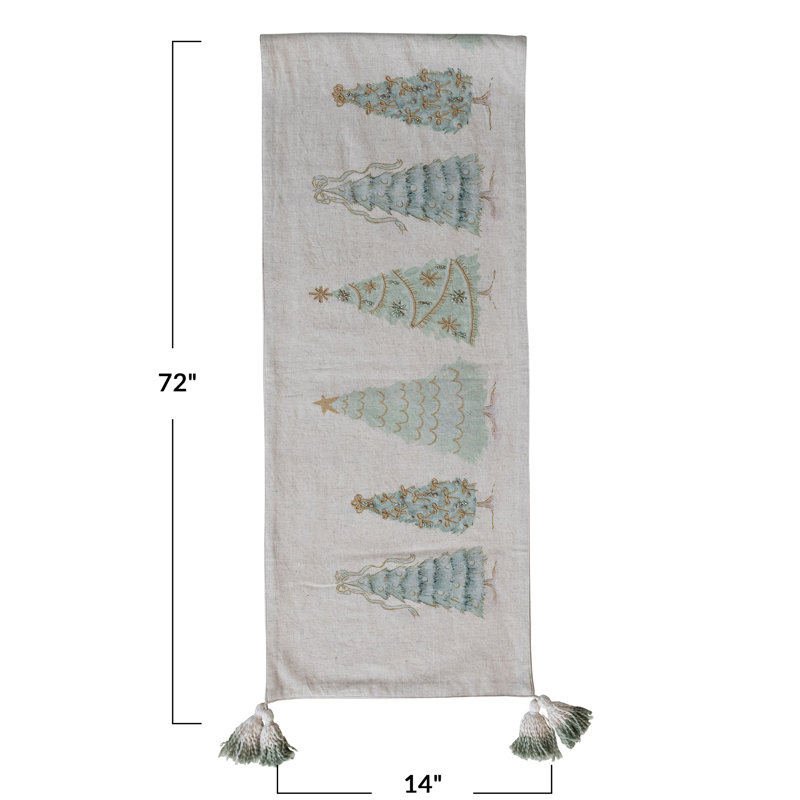 Linen Printed Table Runner With Trees, Embroidery, Beads, French Knots, And Tassels