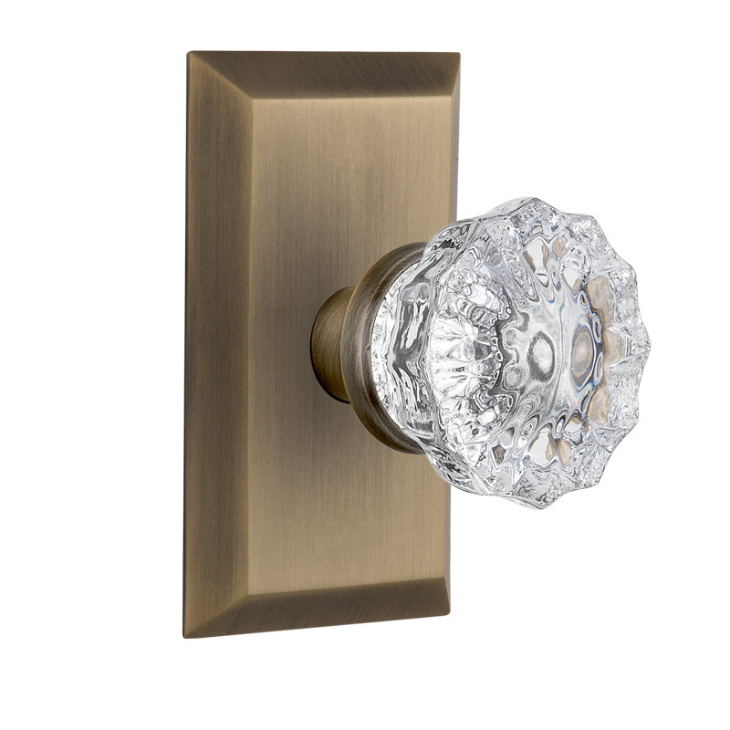Studio Plate with Crystal Door Knob, Antique Brass, 2-3/8”
