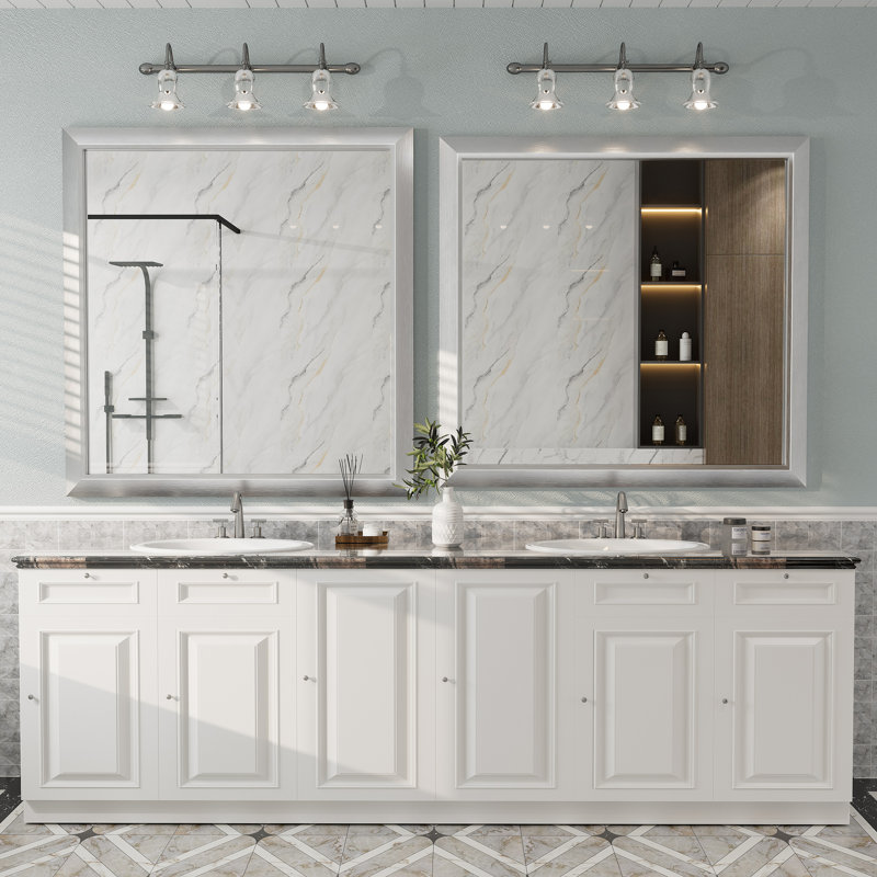Amara Tempered Glass Mounted Wall Mirror, 40" x 38", Brushed Silver