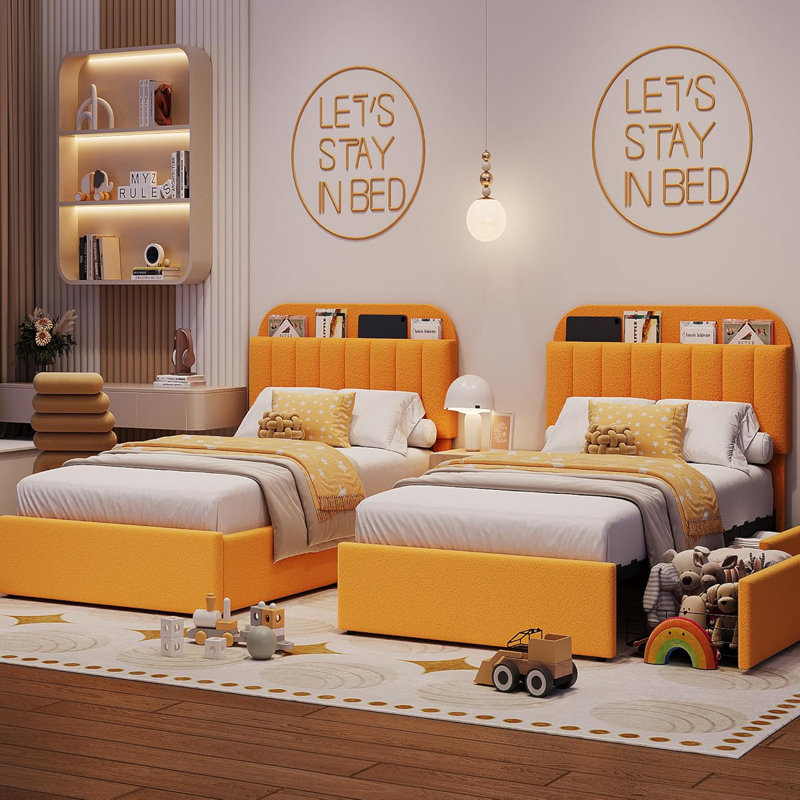 Twin Bed Frame with Storage Headboard and 2 Drawers Kids Upholstered Platform Bed with Bookcase Sturdy Wooden Slats Support No Box Spring Needed Noise Free
