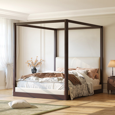 Lit plateforme à baldaquin en bois grand avec tête de lit tapissier