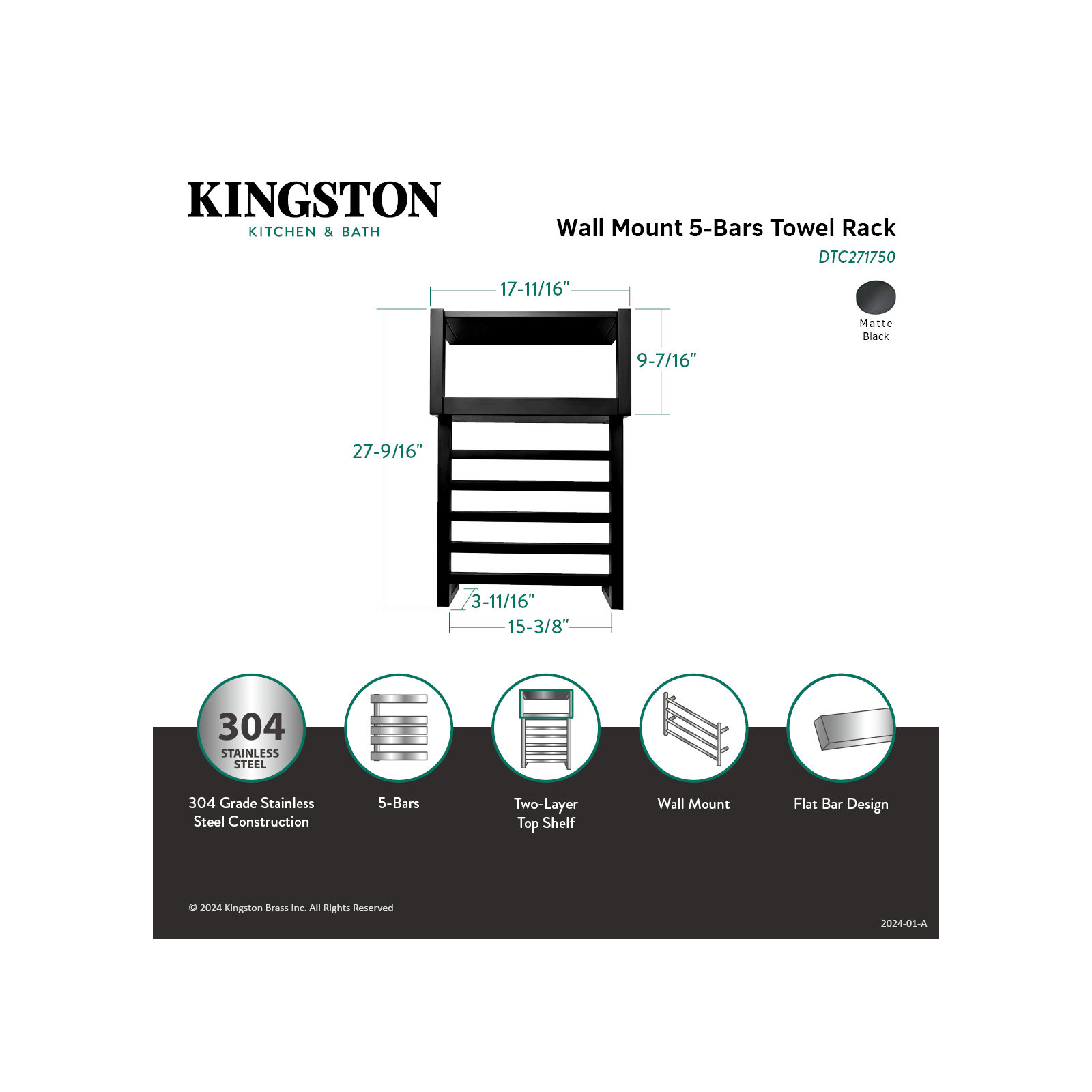 Kingston Brass Markus Stainless Steel Wall Mount Towel Rack with Shelf