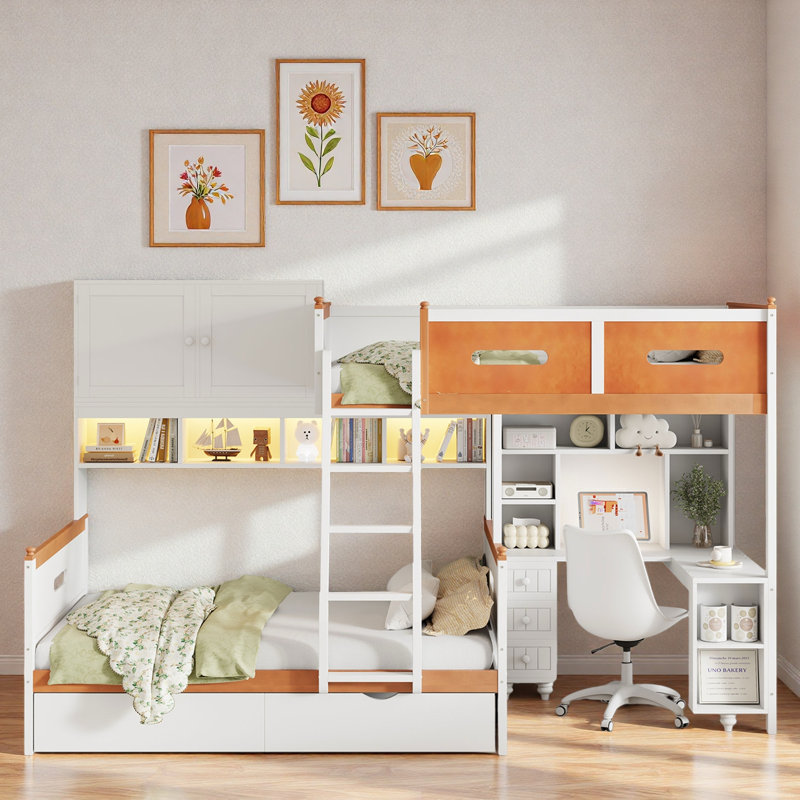 Lit superposé en bois avec bureau, tiroirs, tablettes ouvertes, armoire et éclairage à DEL