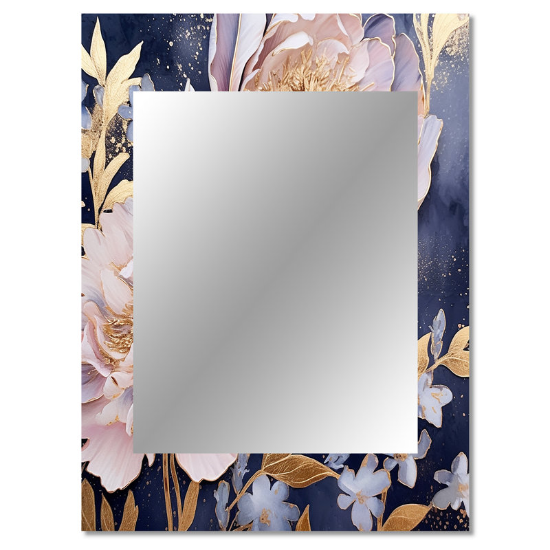 Pink Retro Peonies On Blue - Poppies Large Mirror, Traditional Unique Wall Mirror Decor, Printed Metal Art, 40" x 30"