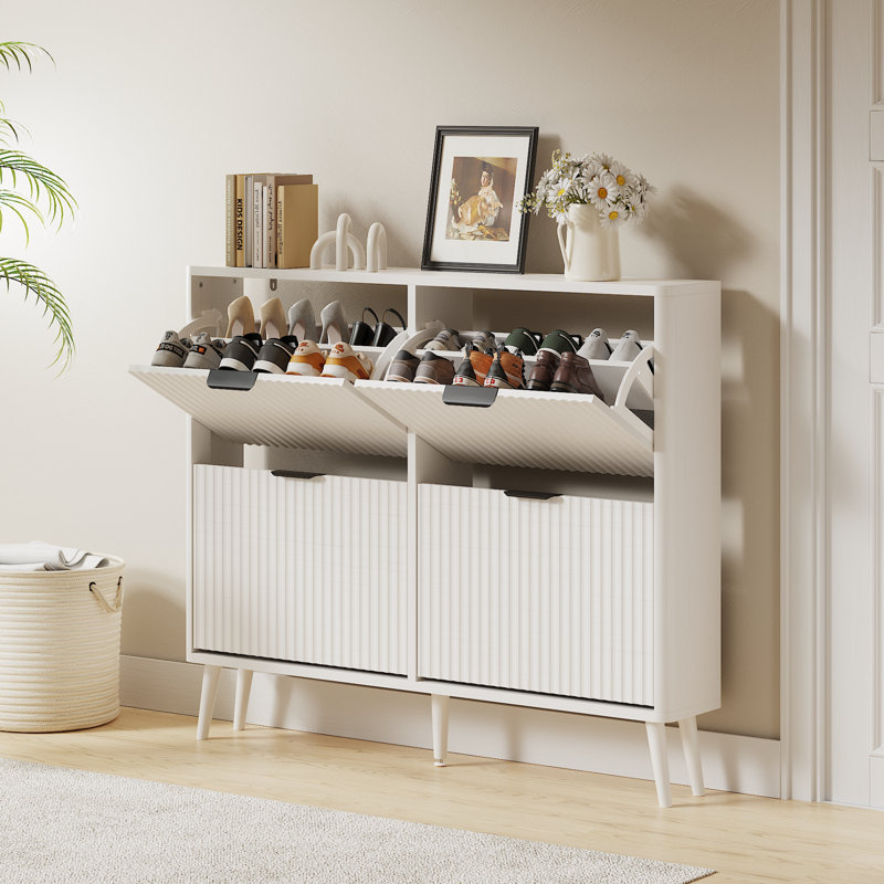 Shoe Cabinet With Flip Drawers, Wooden Shoe Organizer With Hidden Storage, For Hallway And Entryway, Light Yellow Wood