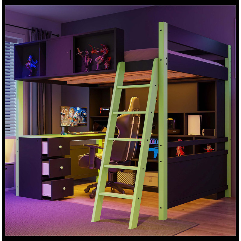 Lit mezzanine double en bois avec bureau, grand espace de rangement et lumière, vert, Vert