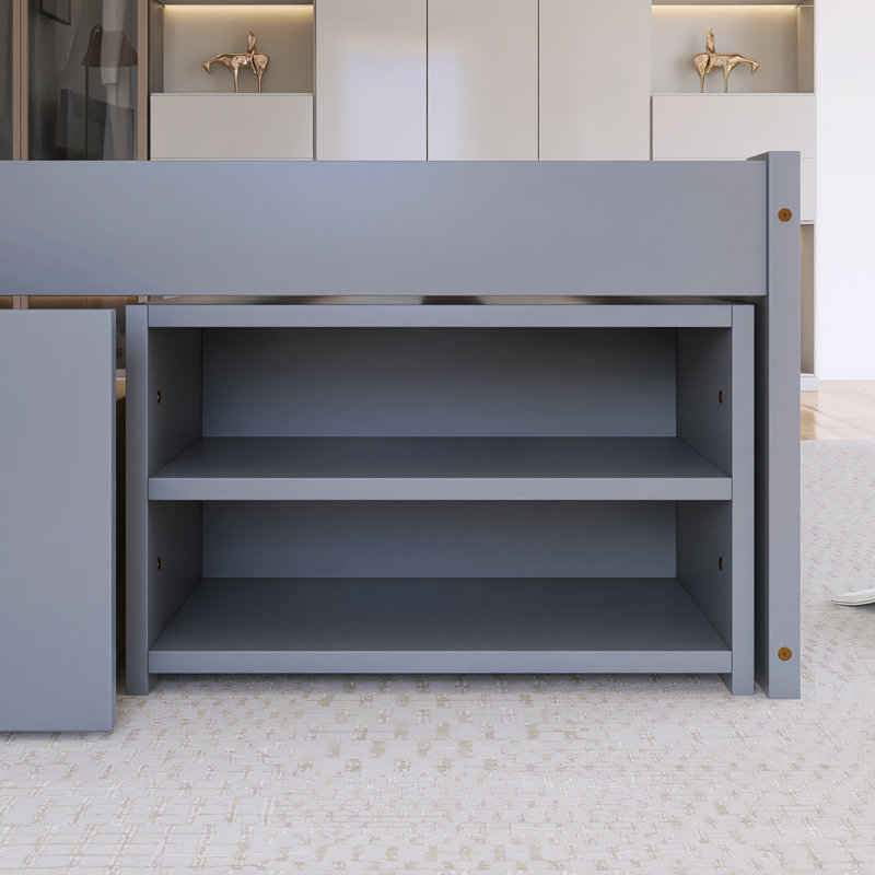 Lit plateforme simple en bois avec tiroir et deux tablettes, Gris