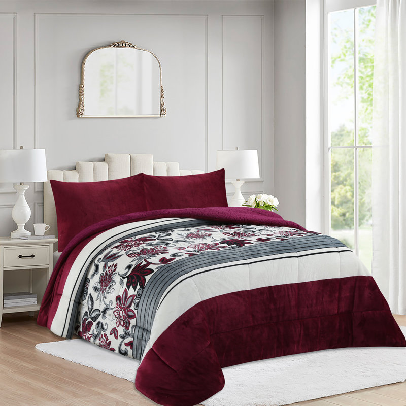 MarCielo Soft Printed Micromink Sherpa Comforter Set, 3-Piece Comforter Set – Fluffy Ultra Cozy, Warm, and Plush Reversible Comforter with 2 Pillowcase, Queen/King Size