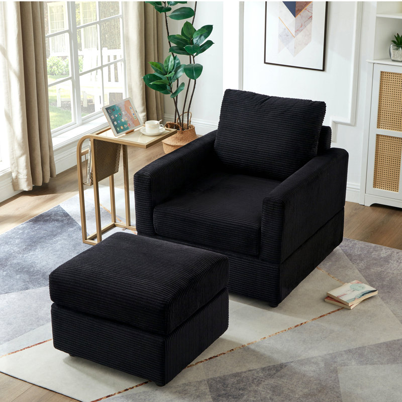 Classic Corduroy Chaise Lounge, Comfy Sofa Chaise Couch Chair, Upholstered Accent Chair With Ottoman For Living Room, Black