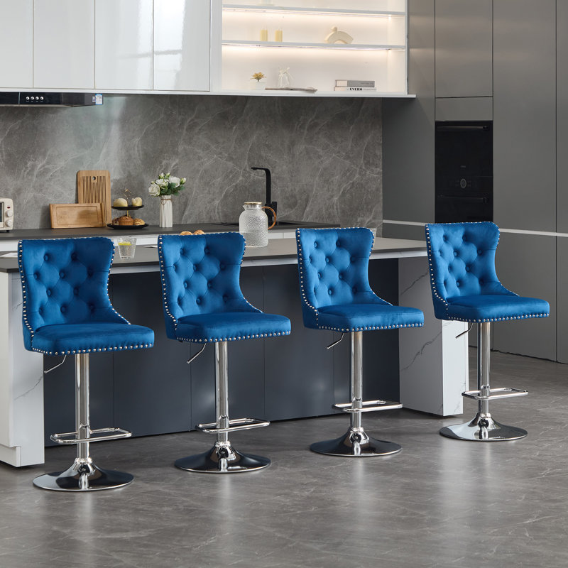 Swivel Adjustable Height Counter Stool With Metal Frame, Silver, Dark Blue