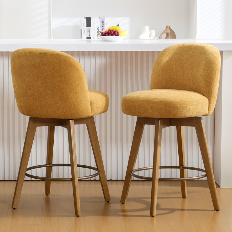 26" Swivel Upholstered Counter Stool with Solid Wood Frame and Mid Back, Yellow/Chenille