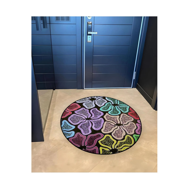 Woven Base Modern Decorative Carpet With Multicolored Flower Details, Round 5'