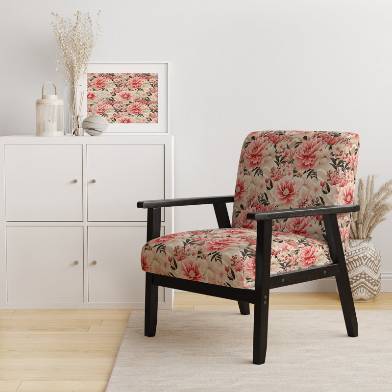 Pink Floral Peony Delicacy - Upholstered Farmhouse Arm Chair, Rustic Floral Accent Chair