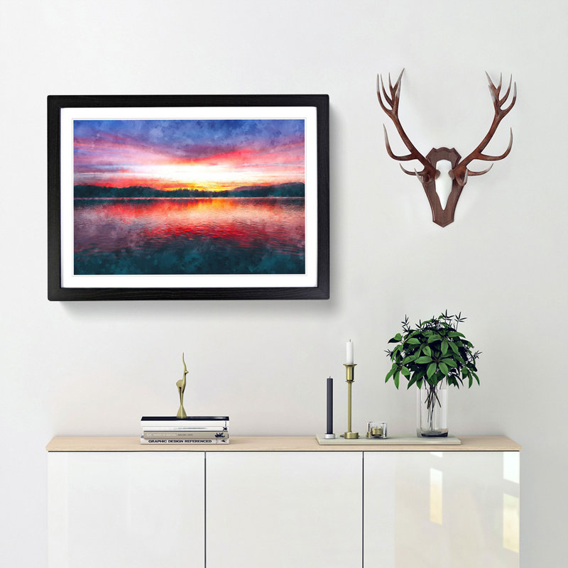 Sunset over Lake Windermere - Picture Frame Painting Print, 45cm H x 63cm W x 2cm D, Black Framed