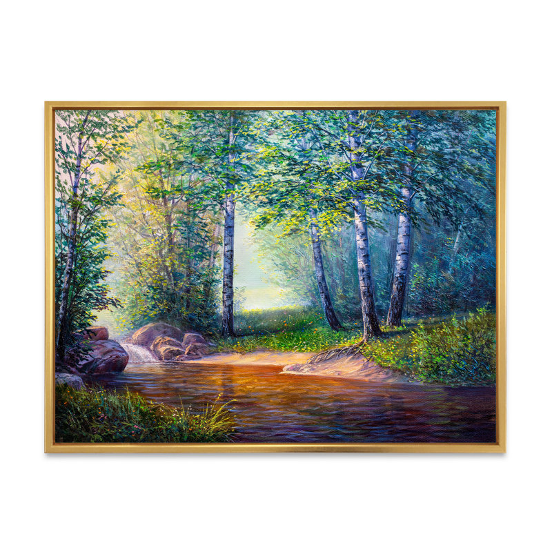 «Summer Scenery Of A Forest River II», art mural traditionnel sur toile, H 8 po x l 12 po x P 1 po, Cadre flottant doré
