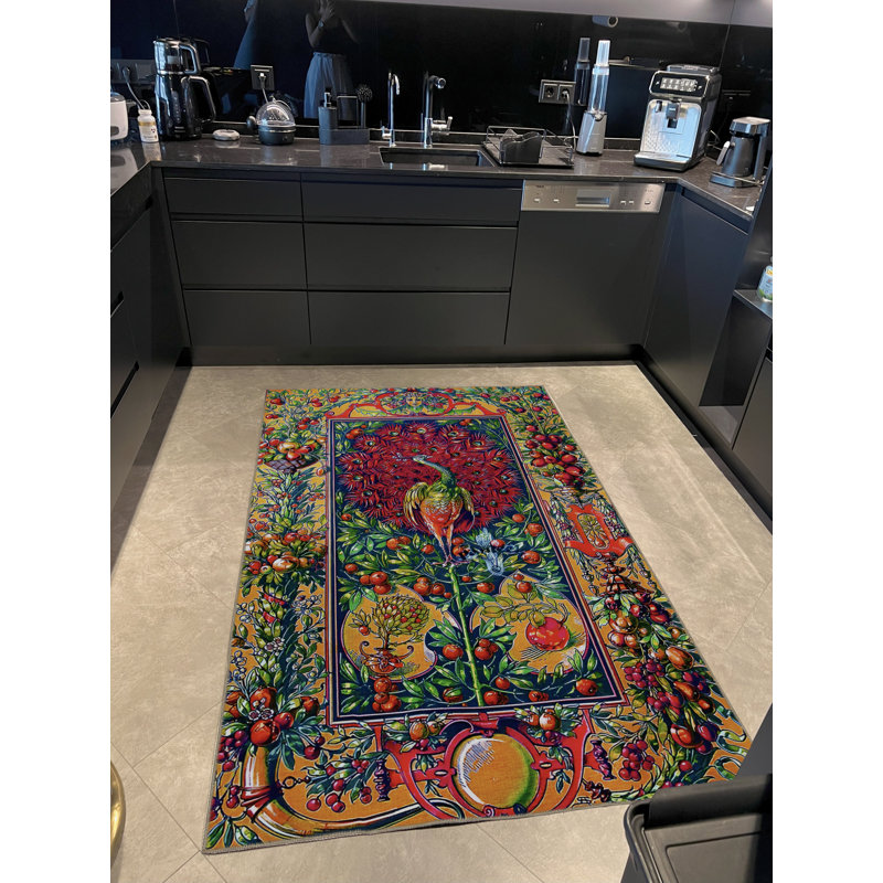 Tapis décoratif multicolore à motif paon sur le thème de la forêt, Rectangle 4 pi 11,06 po x 9 pi 10,11 po