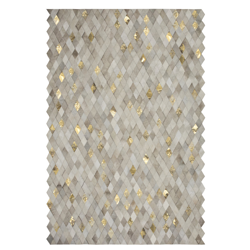 Demeter Cowhide Geometric Area Rug, Rectangle 10' x 14', Ivory/Gold