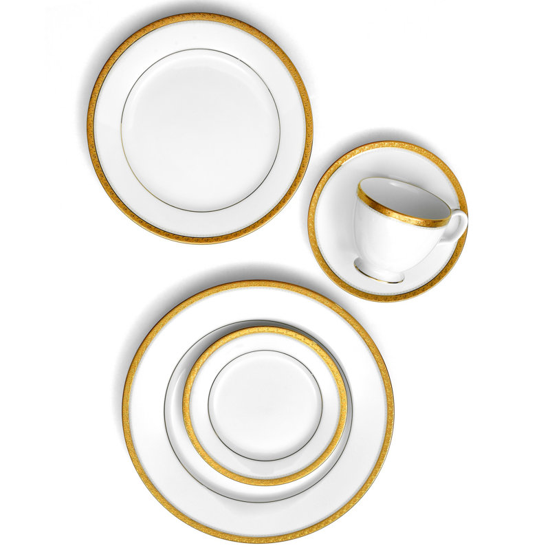 Charlotta Gold Trim White Porcelain 5-Piece Place Setting