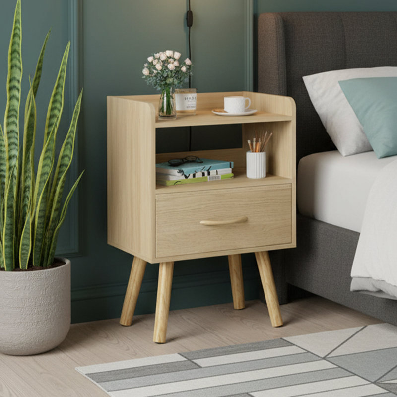 Table de chevet Mid-Century 15,75 po - Structure en bois, tiroir et tablette ouverte, Chêne