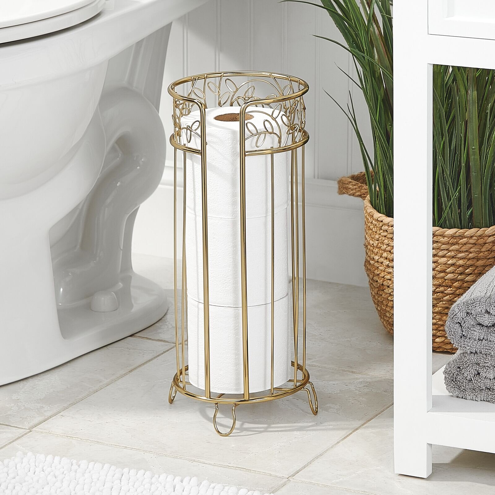 mDesign Metal Free Stand Bathroom 3 Roll Toilet Paper Holder Storage, Soft  Brass 