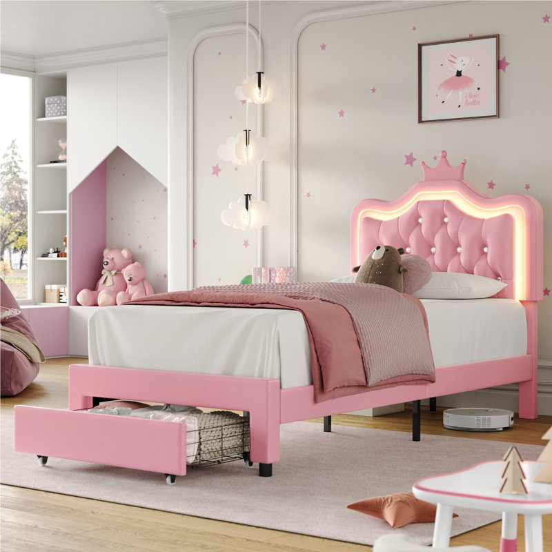 Largent Leather Upholstered Storage Bed with LED Lights and Crown Headboard, Kids Beds, Pink, Twin