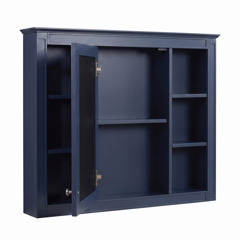 Armoire à pharmacie rectangulaire en panneau de fibres à densité moyenne 35 po avec miroir et 6 tablettes ouvertes, Bleu