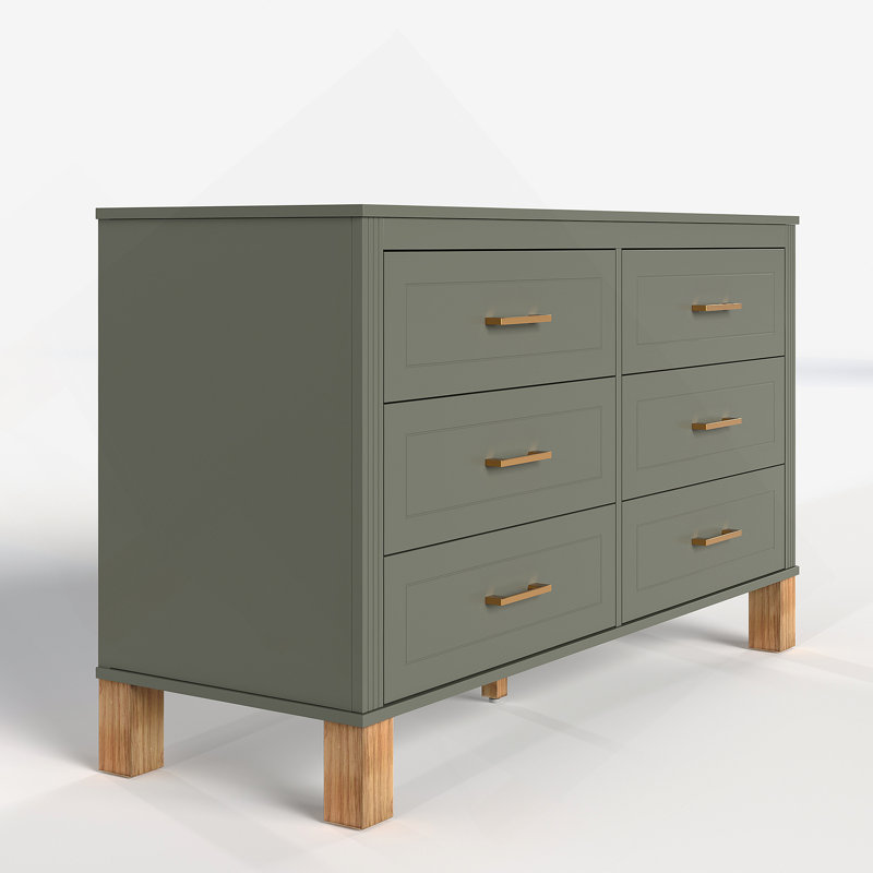 Commode 6 tiroirs, commode de rangement moderne avec poignées en métal et pieds en bois massif, Olive
