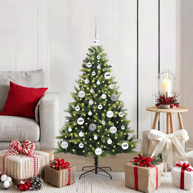 Artificial Hinged Christmas Tree 150 LEDs Green, 120 cm, with Leds & Black Balls