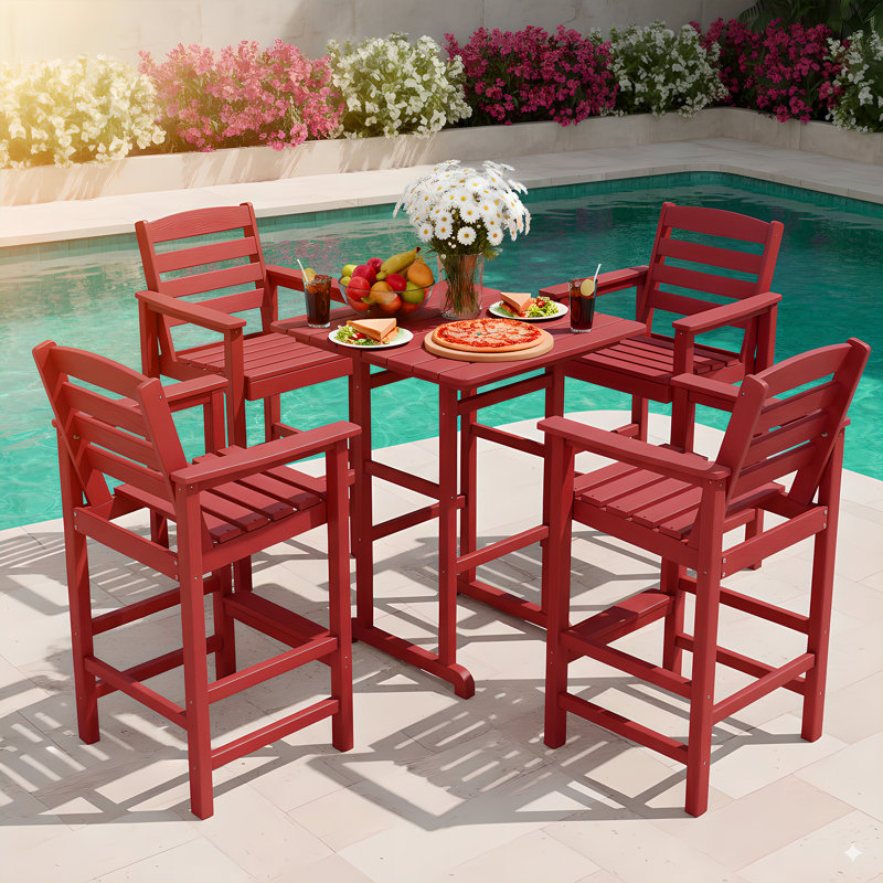  5 Pieces Outdoor Patio Bar Set, Oversize Tall Adirondack Bar Chair And Table Set, Red
