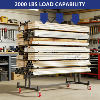 Lumber Storage Rack, Heavy-Duty 2000LBS Rolling Lumber Rack on Wheels, 7-Tier Adjustable Wood Storage Rack with X-Braced Steel Frame, Pipe Rack Organizer Shelving Unit for Garage Workshop