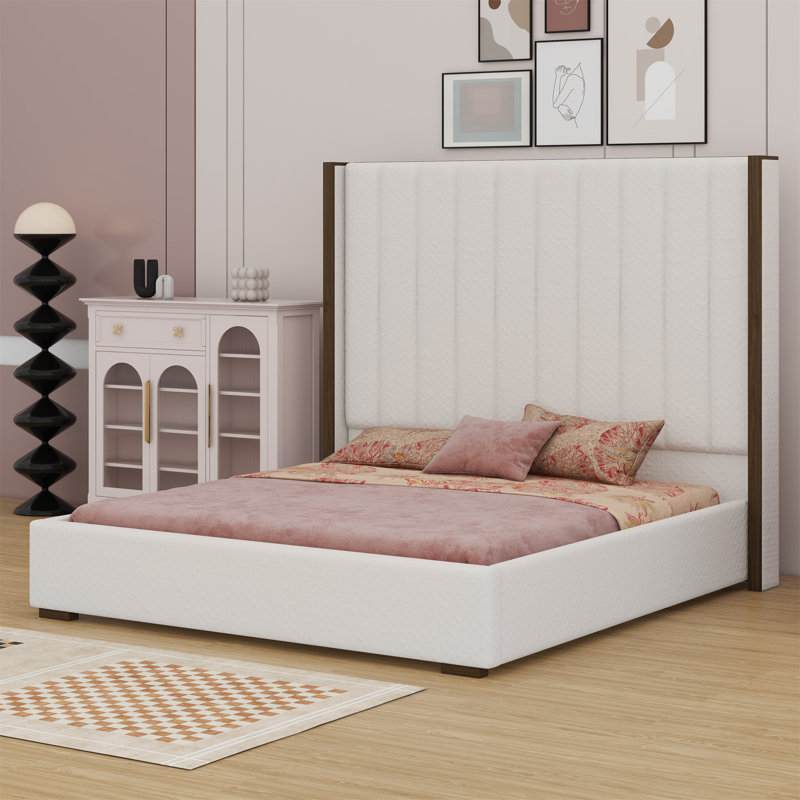 Tall Headboard Upholstered Bed With Vertical Striped And Wingback Design