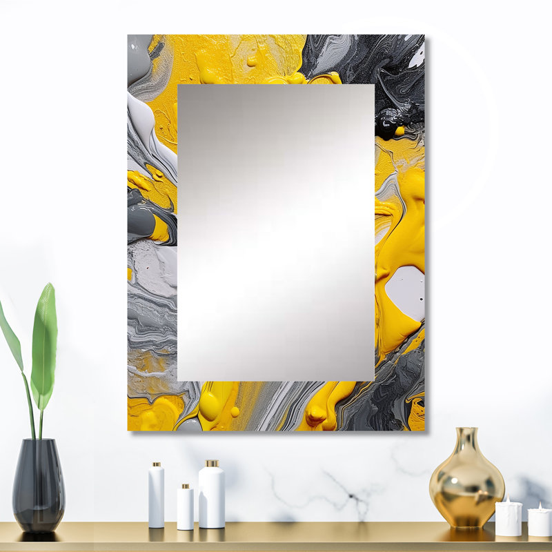 Jaune et gris Cosmic Vibations II - miroir abstrait, miroir mural moderne unique, impression d'art en métal, 32 po x 24 po