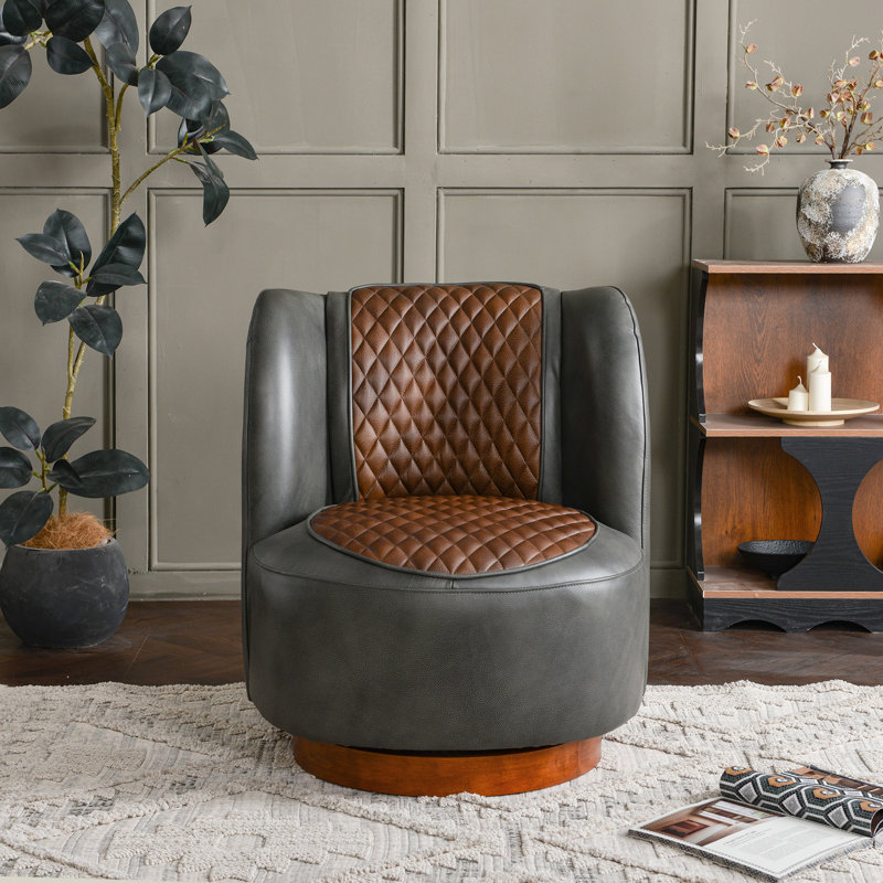29'' W Top-grain Genuine Leather Upholstered Swivel Barrel Chair, Brown/Dark Gray