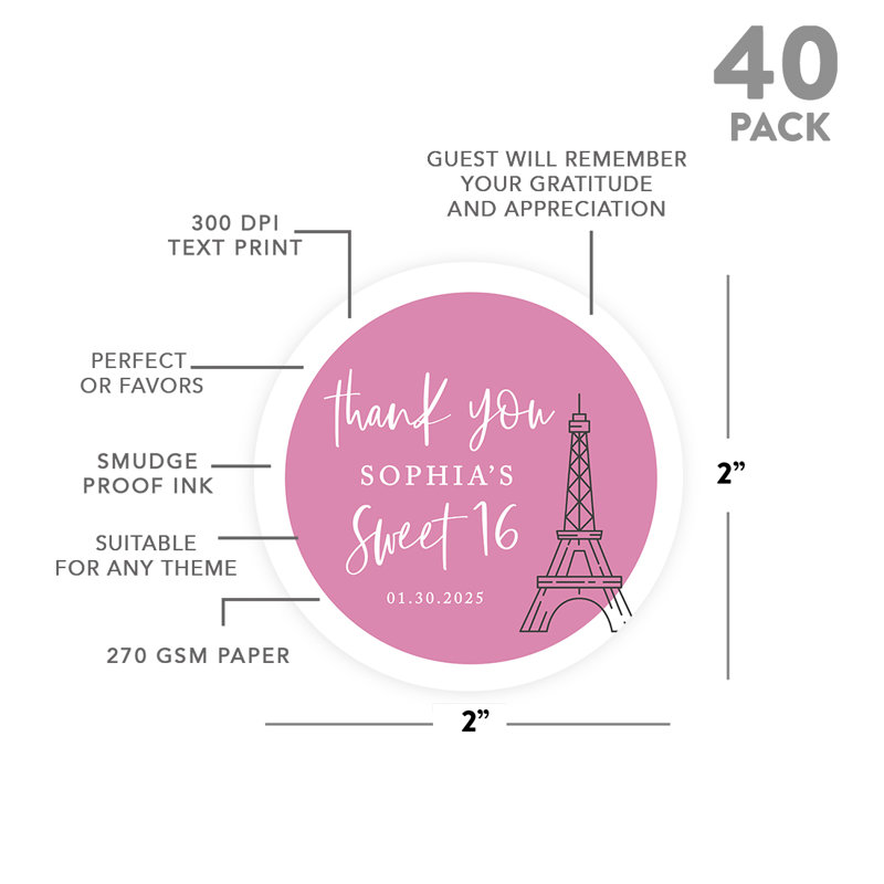 16 étiquettes rondes personnalisées, Tour Eiffel, autocollants de remerciement pour sacs-cadeaux, paquet de 40