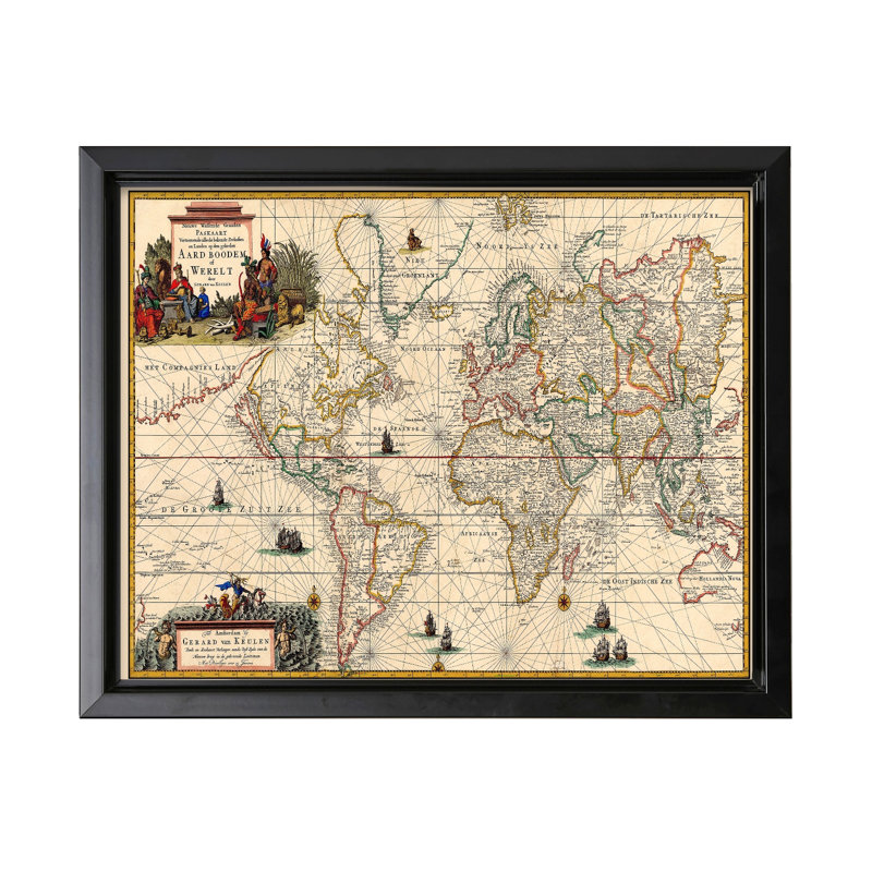 Gerard Van Keulen - Carte du monde, Cadre noir, Canevas, H 12 po x l 16 po