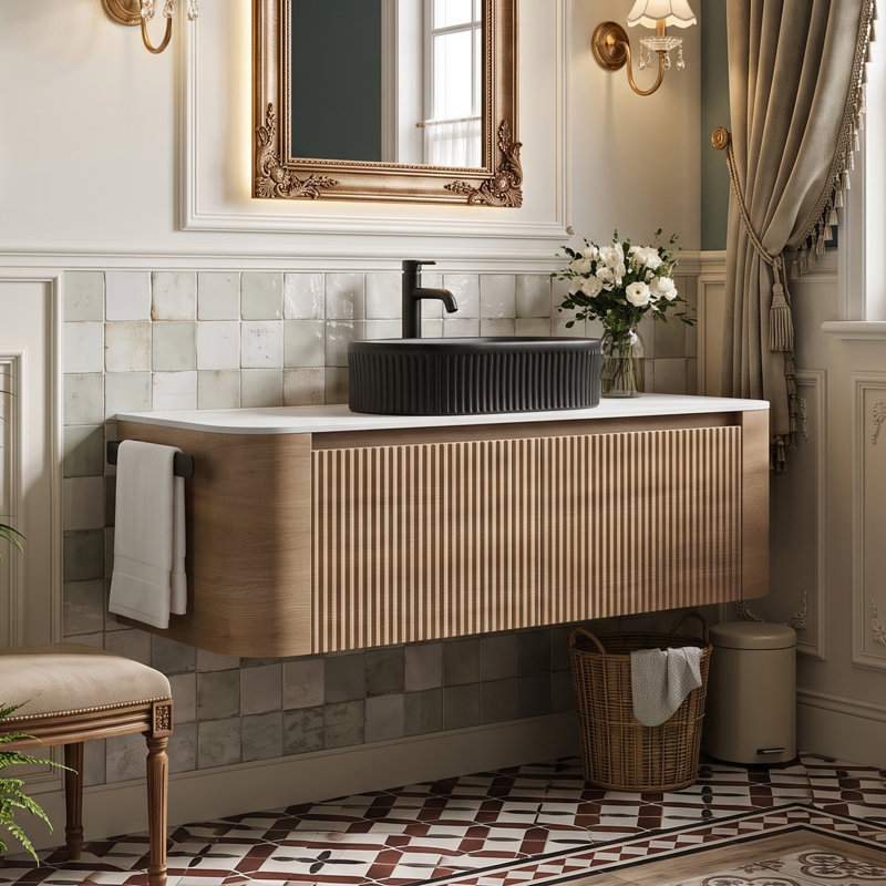 Wall Mounted Single Double Single Vanity Bathroom Vanity With Engineered Marble Top, Chêne